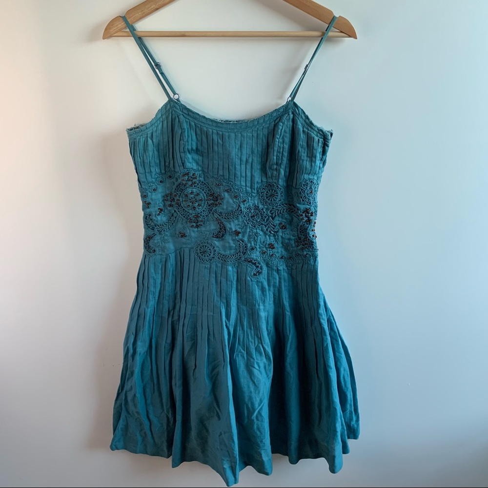 Odille Dress Blue Brown Beaded Spaghetti Strap 2 Petite